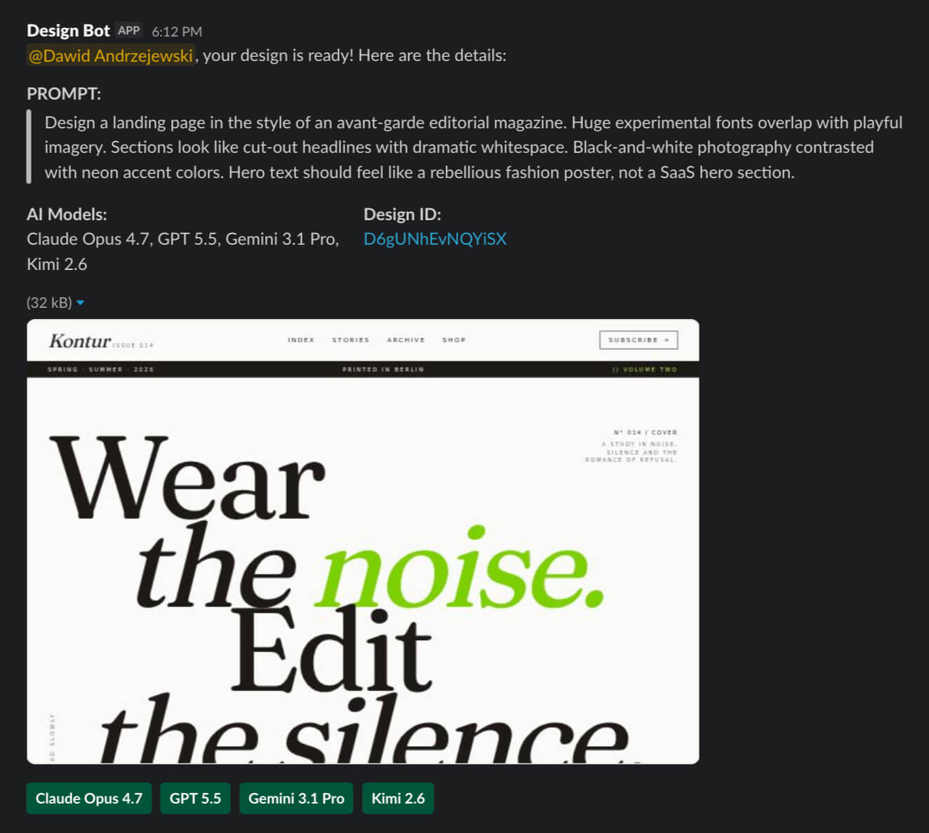 Design generated from Slack with Shuffle's Design CLI