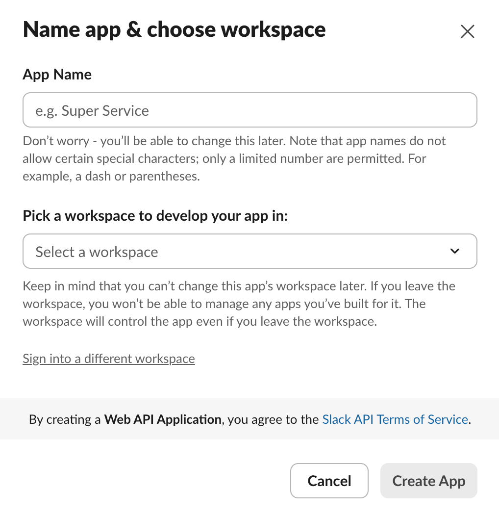 Name app and choose workspace