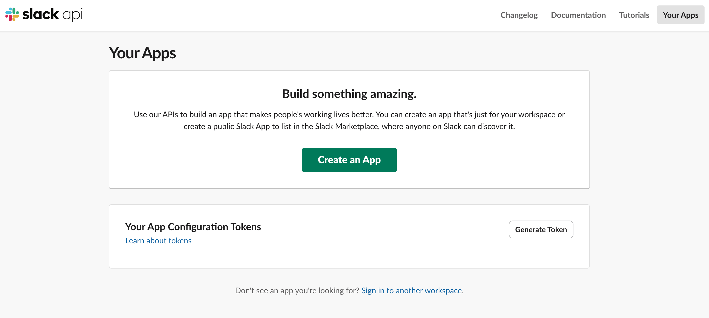 Slack apps page - click New App